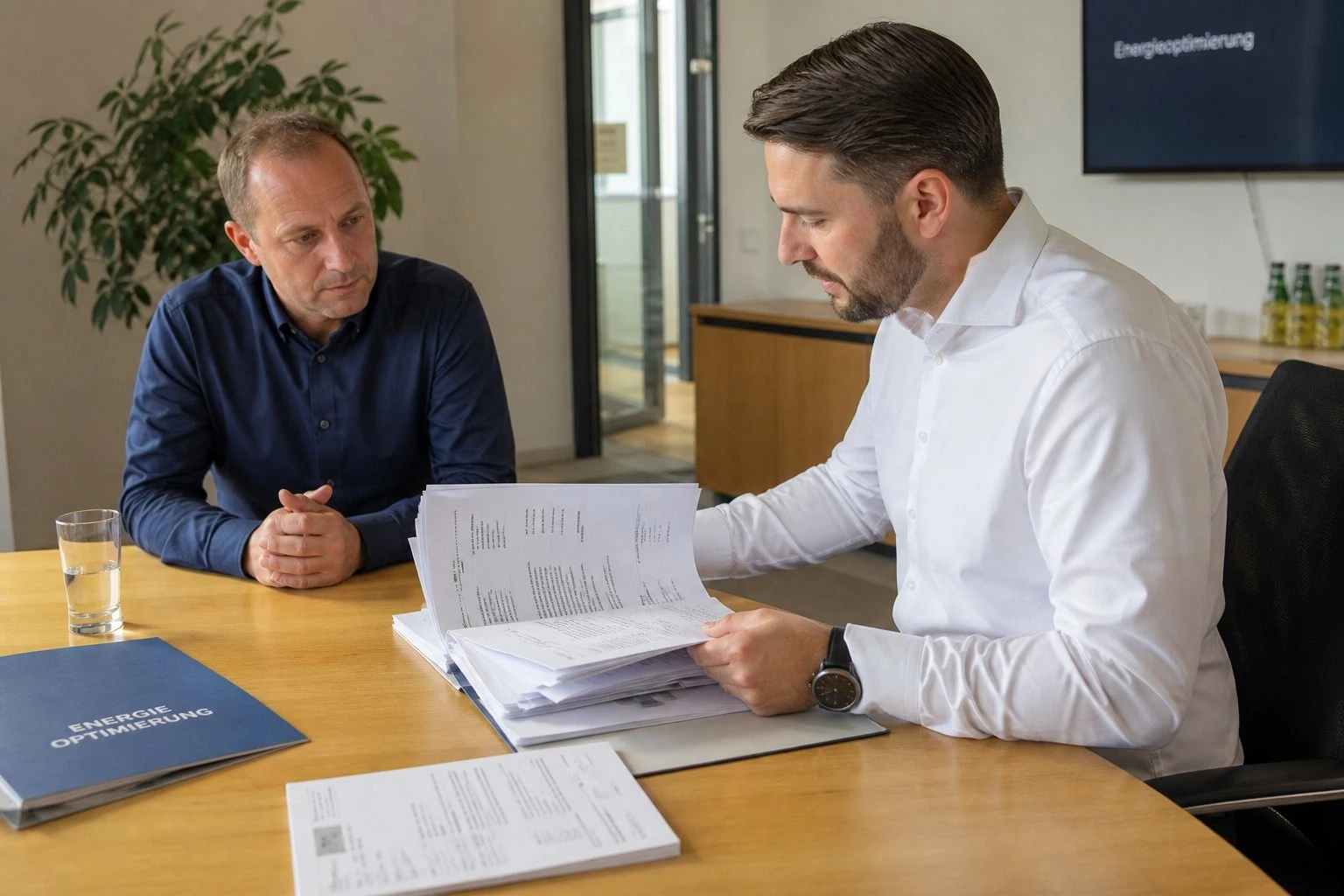 EBS-Berater sortiert Verträge und Rechnungen beim Kunden vor Ort