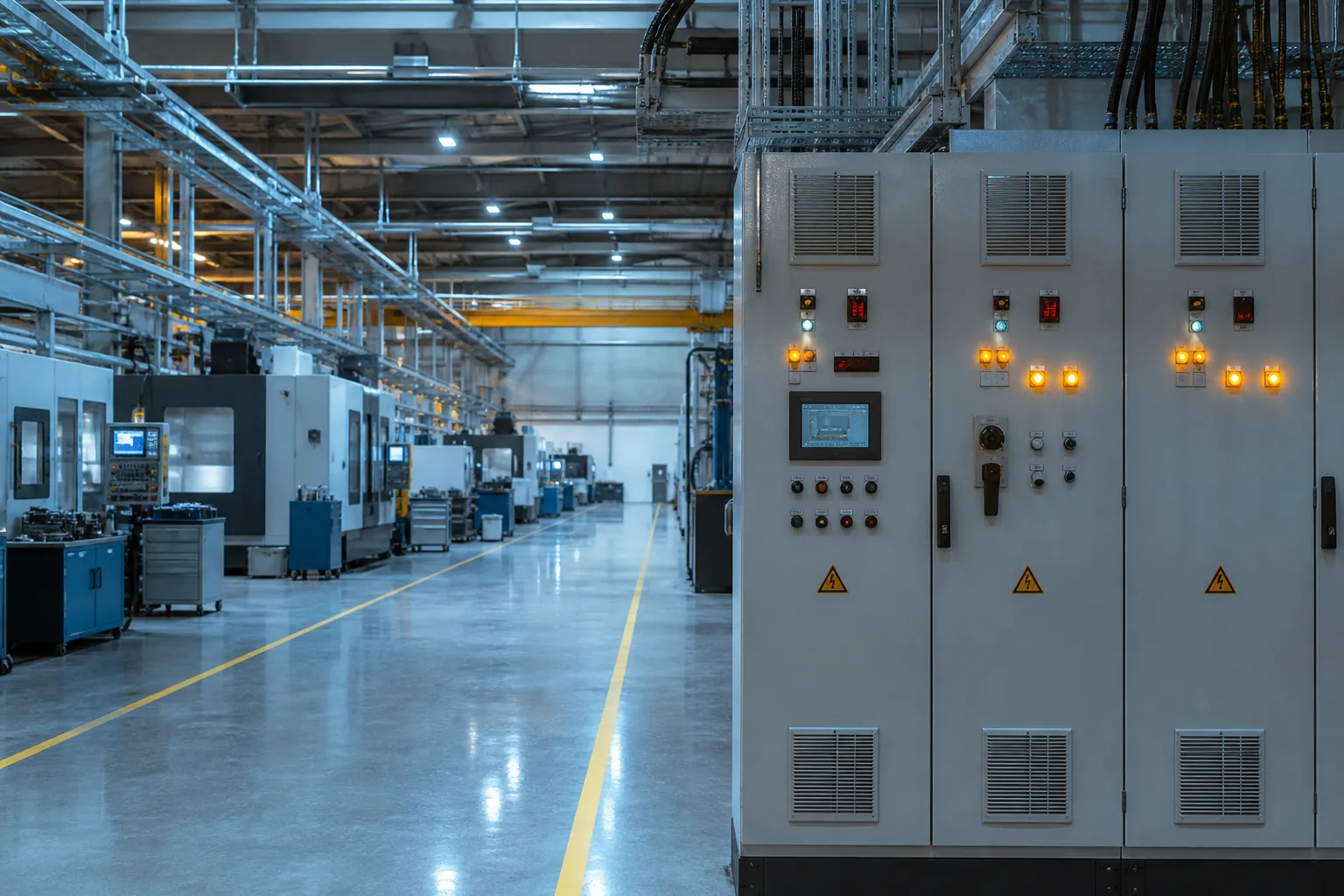 Produktionshalle mit Maschinen und Schaltanlagen